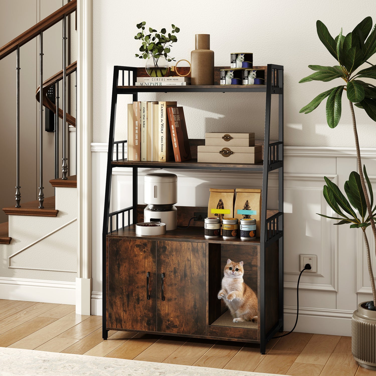 Cat Litter Box Enclosure, Storage Shelves, Scratching Pad, Brown Cat Houses at Gallery Canada