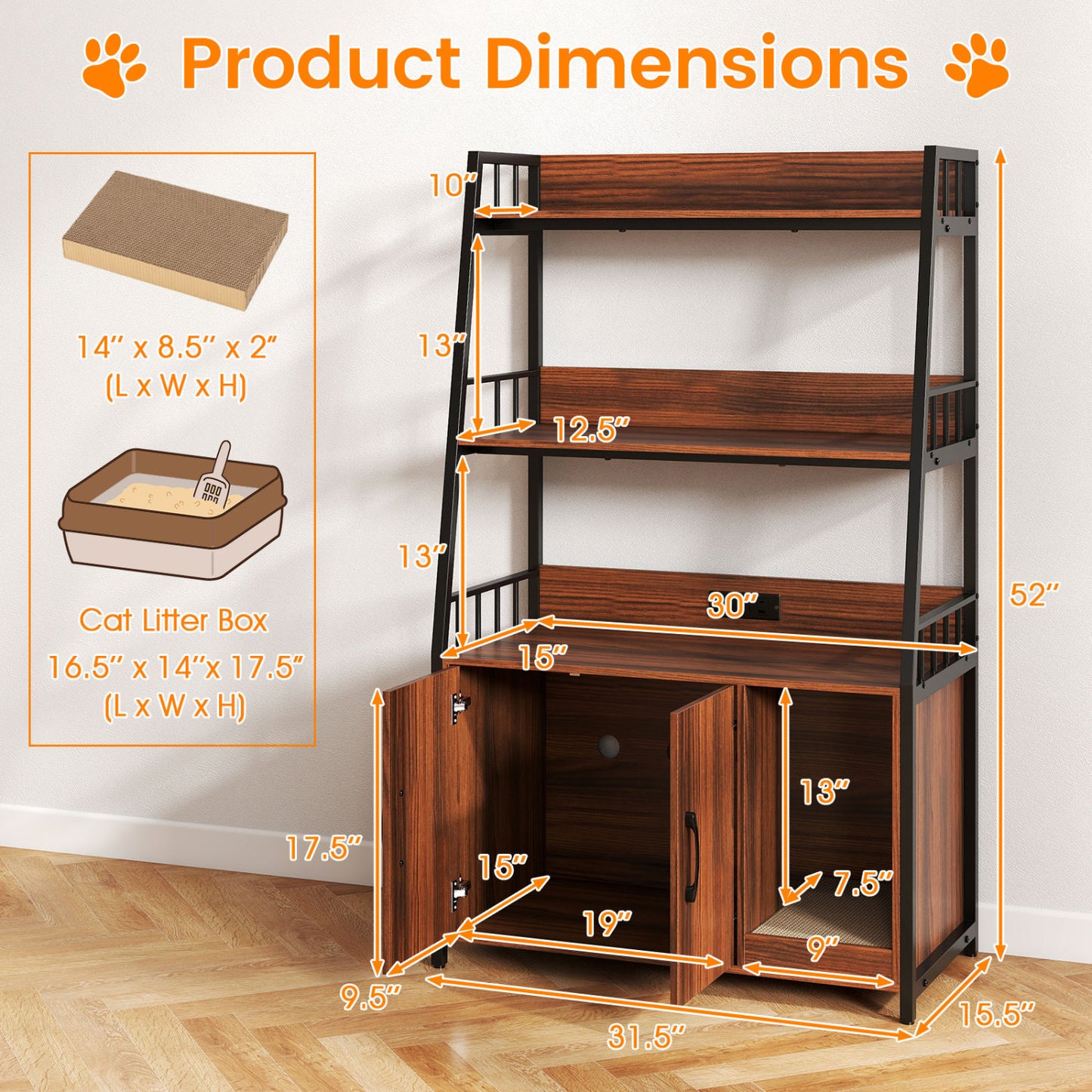 Cat Litter Box Enclosure, Walnut, With Storage Shelves And Scratching Pad Cat Houses at Gallery Canada