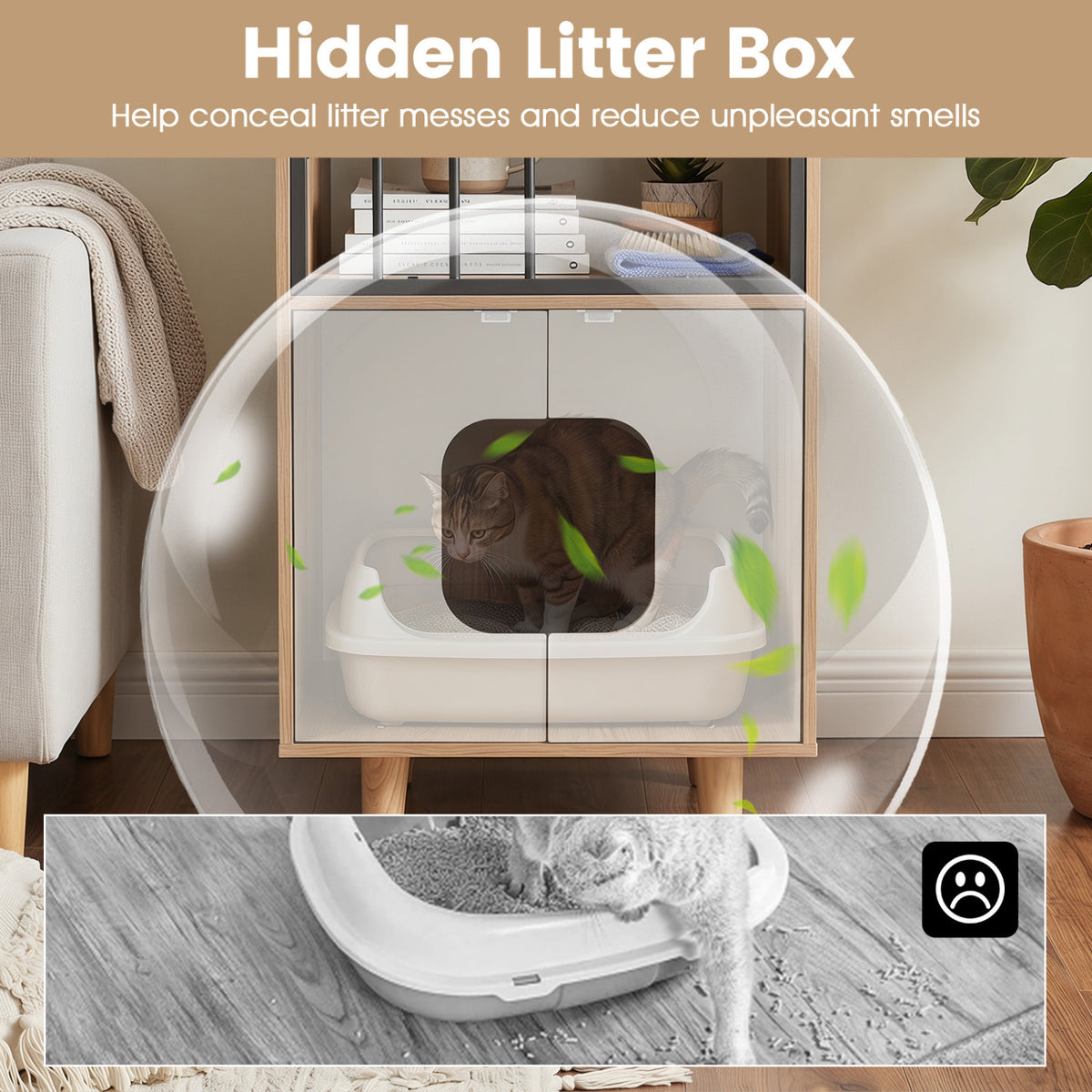 Cat Litter Box Enclosure, Wooden House, Shelf & 2 Doors, Natural Cat Houses at Gallery Canada