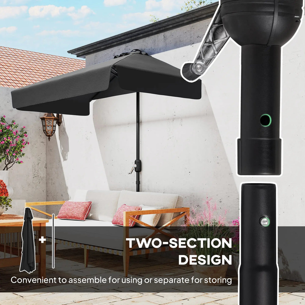 7.5ft Half Umbrella, Semi Round Patio Parasol, Crank Handle, Top Vent, Black