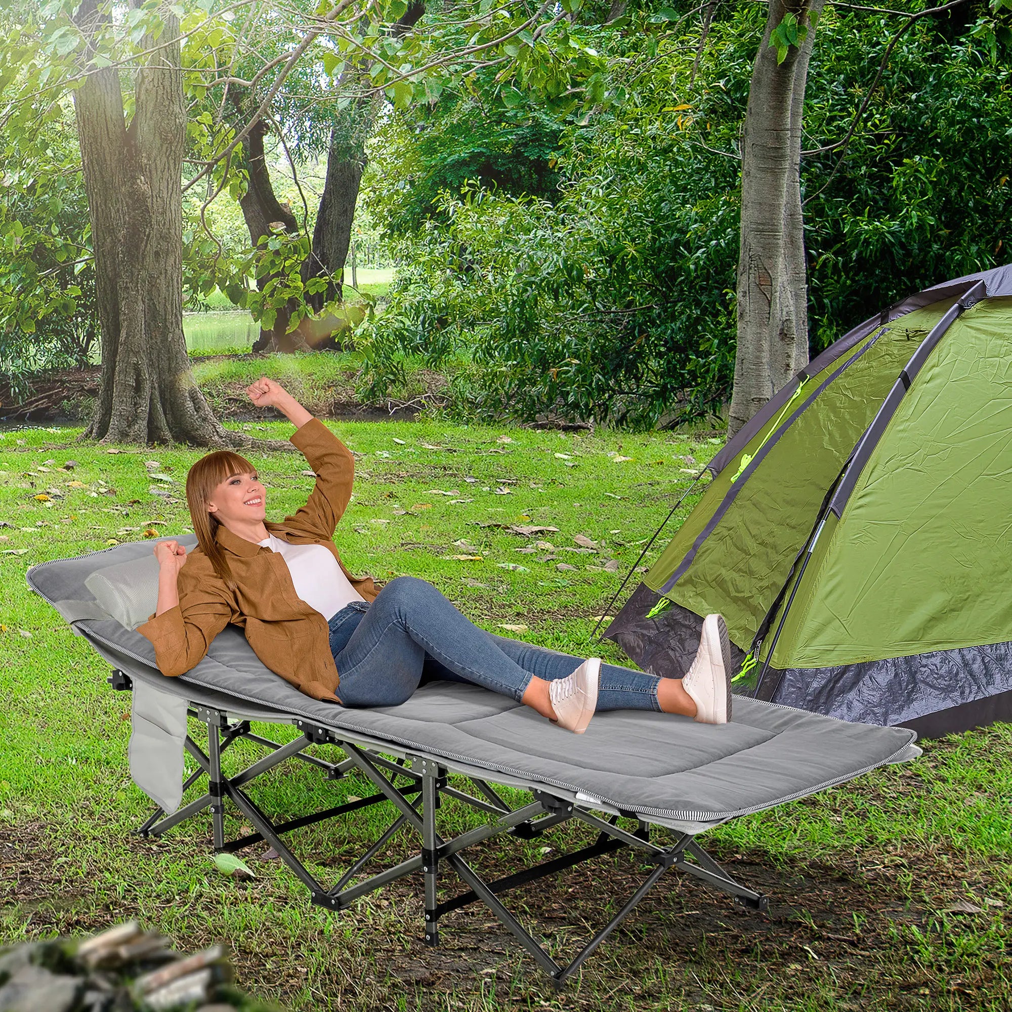 Folding Camping Cot with Mattress, Pillow, Double Layer Oxford, Carry Bag, Light Grey Camping Cots at Gallery Canada