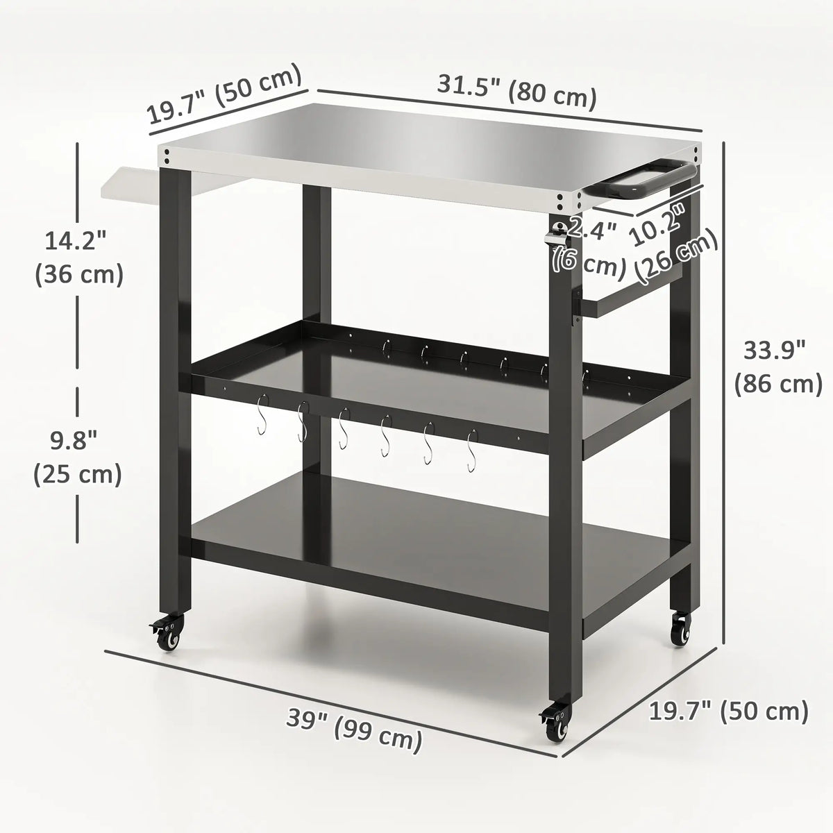 Outdoor Kitchen Bar Cart With Wheels, Stainless Steel Pizza Oven Stand, Movable Prep Table With Hooks Outdoor Grill Carts at Gallery Canada