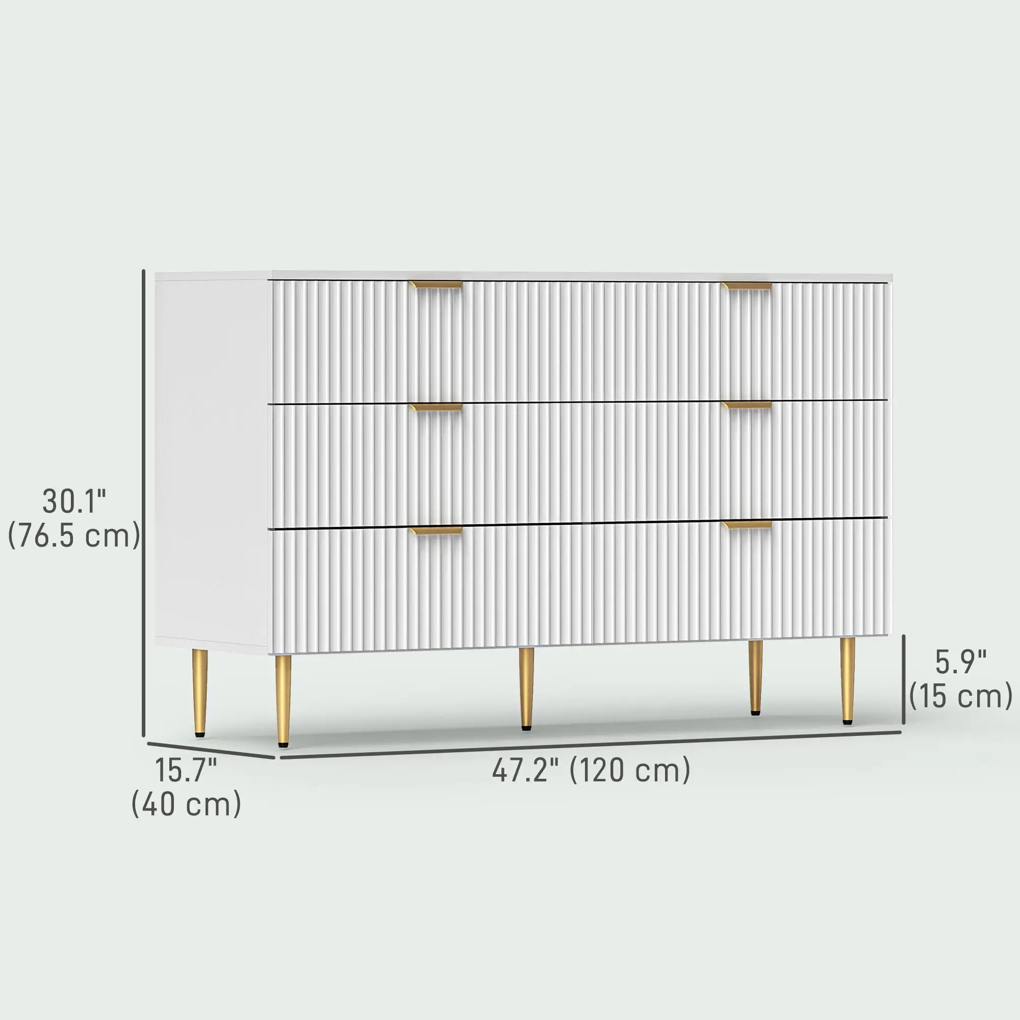 Modern 6 Drawer Dresser, Gold Legs and Handles, White Storage Cabinets at Gallery Canada