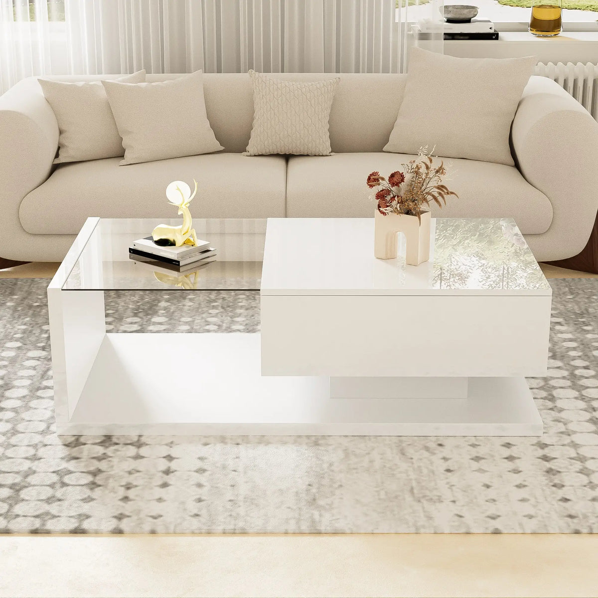 Modern Coffee Table, Glass LED Effect, Storage, 41.5" L x 21.5" W x 12.5" H, White Coffee Tables at Gallery Canada