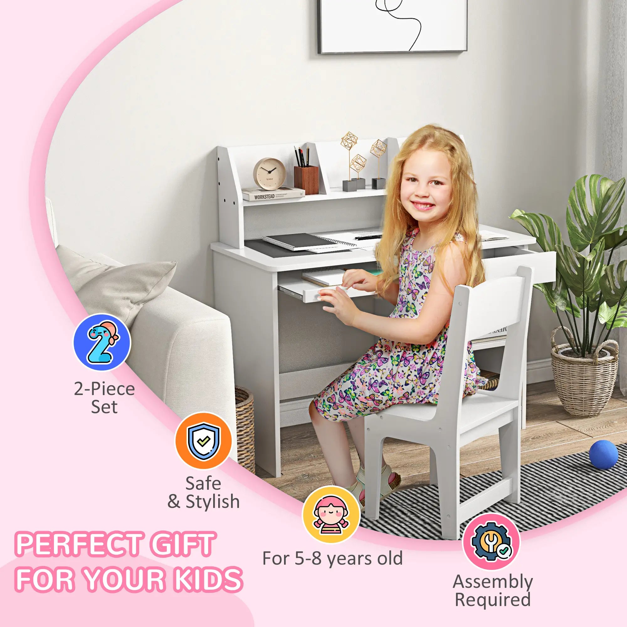 Kids Desk and Chair Set, Study Table for 5-8 Year Old, White Kids Desk Sets at Gallery Canada