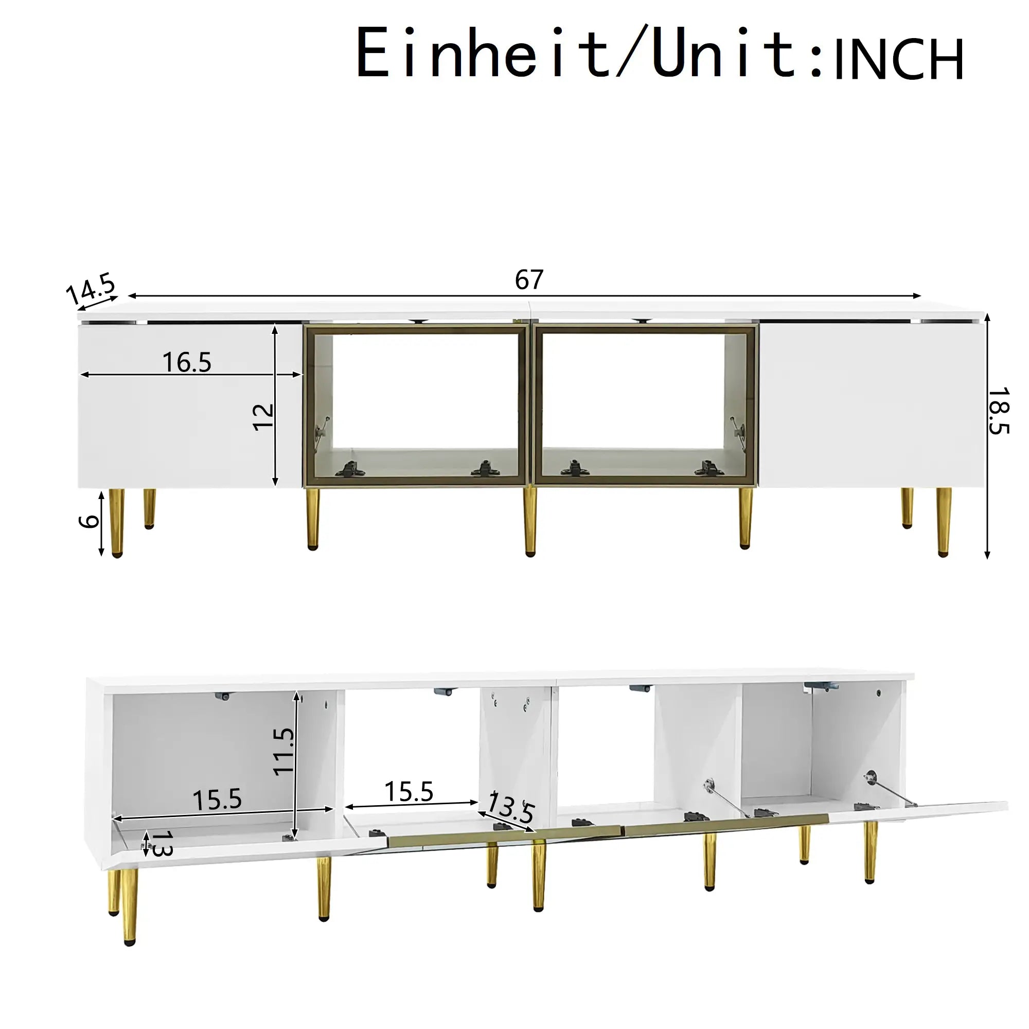 TV Stand, 4 Doors, Handles, Tempered Glass, LED Light, 67