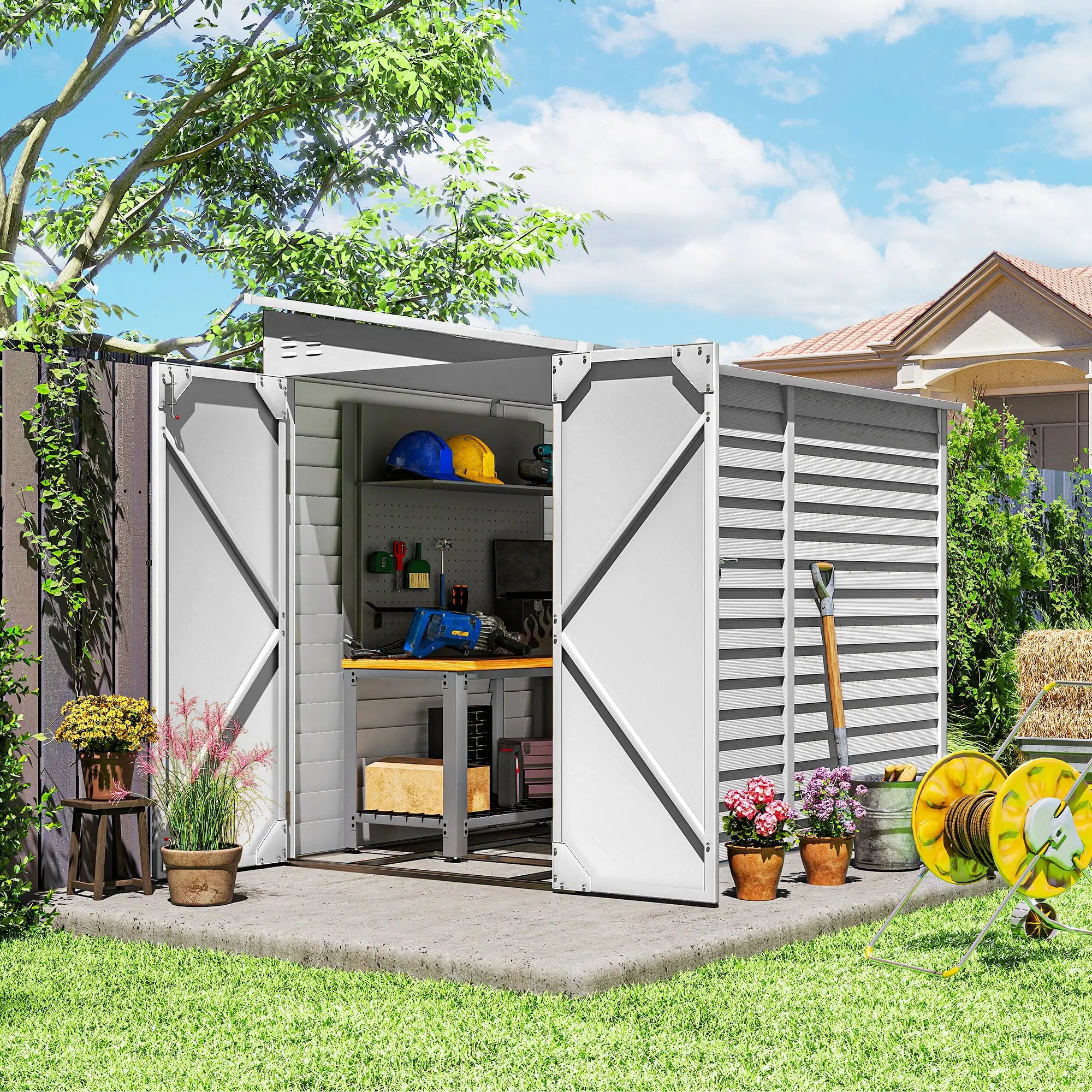 4.6' x 9' Steel Outdoor Storage Shed, Lean To Metal Tool House, White Sheds at Gallery Canada