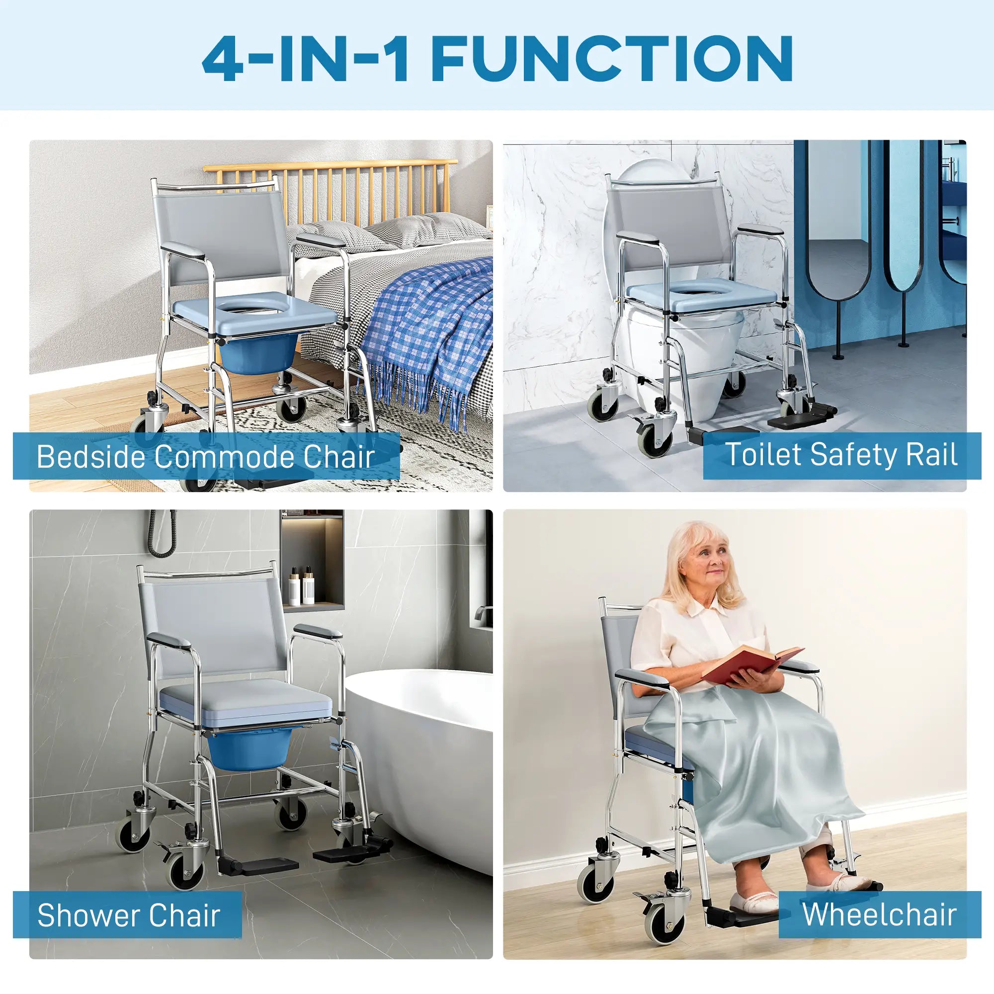 Rolling Shower Chair, Bedside Commode Wheelchair, 300 Lbs, Black Bath Chairs at Gallery Canada