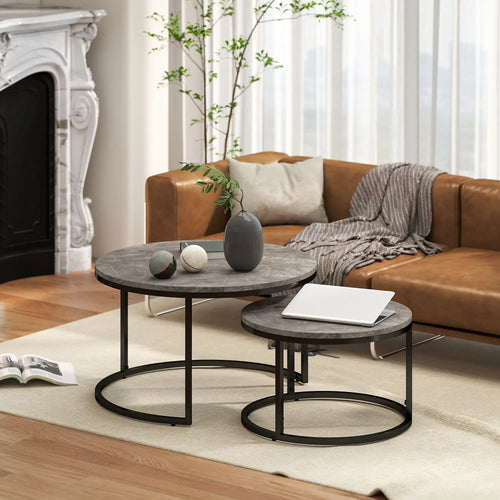 Modern Coffee Table Set of 2, Nesting Side Tables, Metal Base, Faux Marbled Grey, Grey