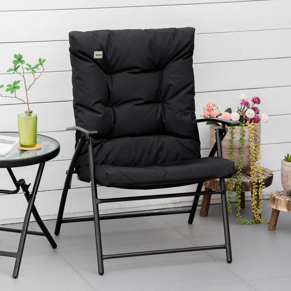 Foldable Lounge Chair Fabric Upholstered Recliner Outdoor Lounger, Black Patio Chairs at Gallery Canada