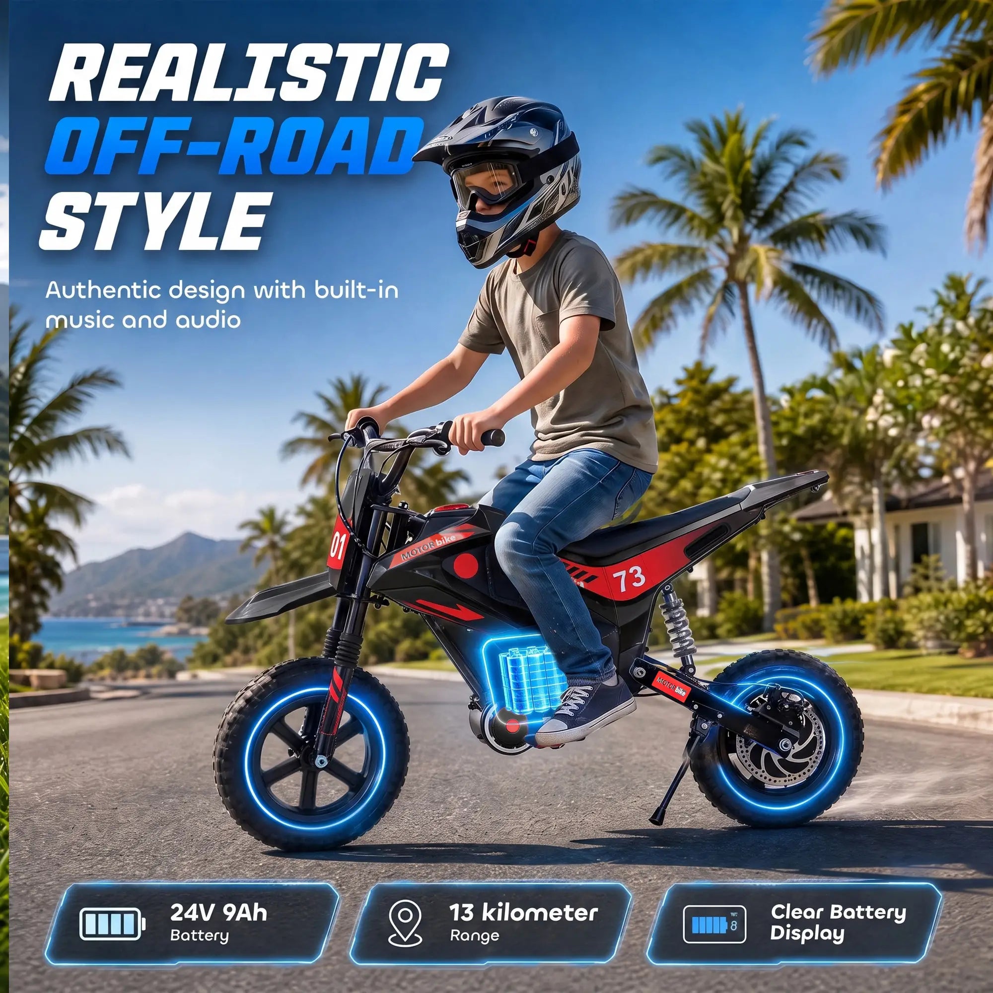 24V Kids Electric Motorcycle, Black, 12