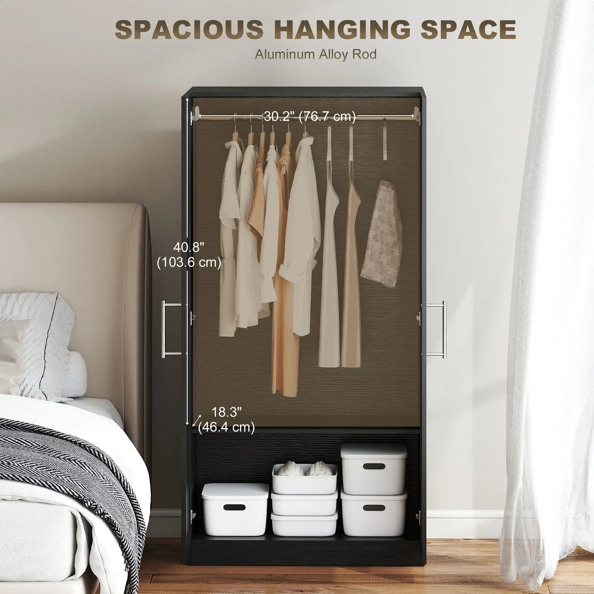 Modern Armoire Wardrobe Cabinet, 2 Doors With Hanging Rod, Black Wood Effect, Black Clothing Storage at Gallery Canada