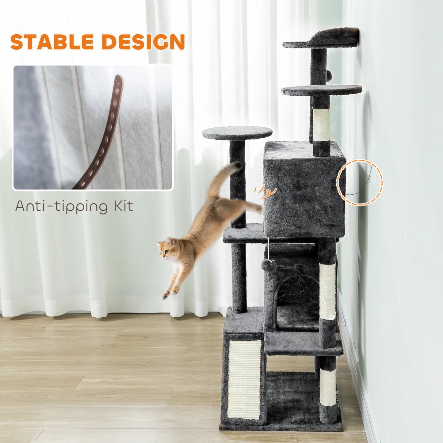 63" Cat Tree, Multi-Level Cat Tower, Scratching Posts, Dark Grey Multi-Level Cat Towers at Gallery Canada