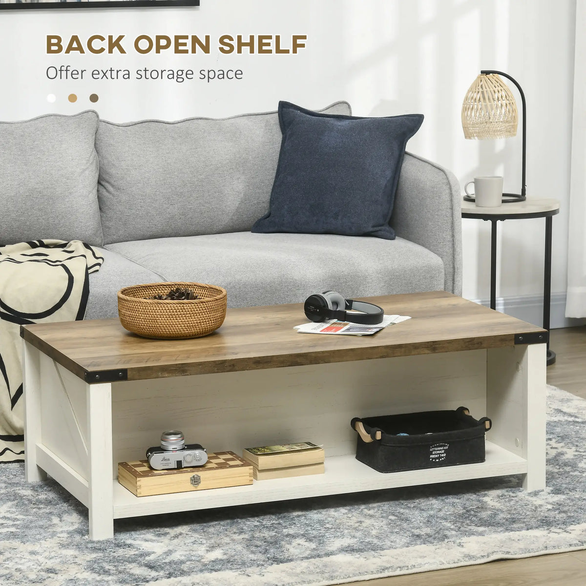 Industrial Coffee Table with Drawer, Open Shelf, Farmhouse Style, Brown Coffee Tables at Gallery Canada