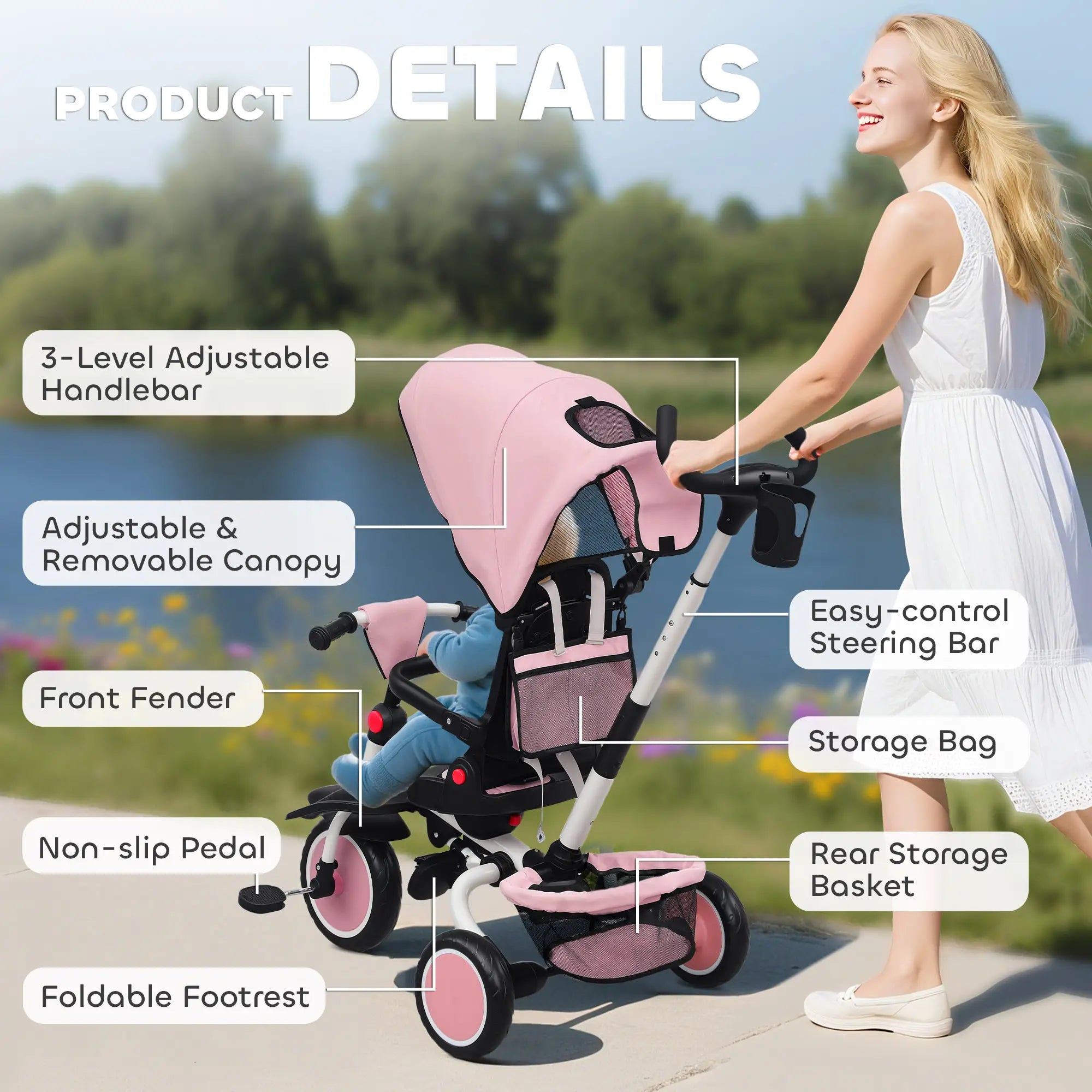 6 in 1 Toddler Tricycle, Push Handle, Removable Canopy, Rotatable Seat, Pink Tricycles for Kids at Gallery Canada