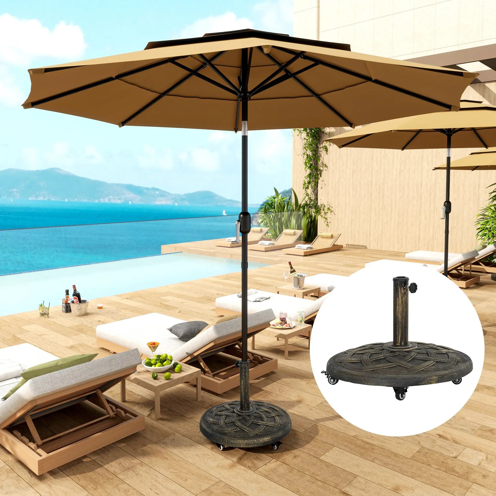 Round Patio Umbrella Base With Wheels, 44 Lbs Resin Stand, 1.3