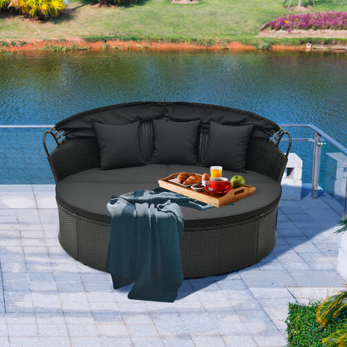 Clamshell Patio Round Daybed, Wicker With Retractable Canopy, Black