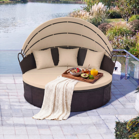 Clamshell Patio Round Daybed Wicker with Retractable Canopy and Pillows, Brown Outdoor Sectionals Brown at Gallery Canada