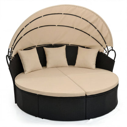 Clamshell Patio Round Daybed Wicker with Retractable Canopy and Pillows, Brown Outdoor Sectionals Brown at Gallery Canada