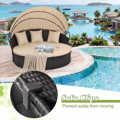 Clamshell Patio Round Daybed Wicker with Retractable Canopy and Pillows, Brown Outdoor Sectionals at Gallery Canada