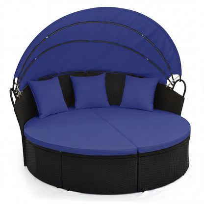 Clamshell Patio Round Daybed Wicker with Retractable Canopy and Pillows, Navy Outdoor Sectionals at Gallery Canada