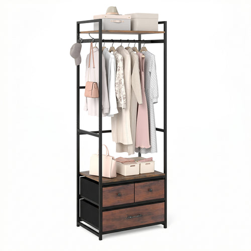 Clothes Rack With Drawers, Shelves, Side Hooks, Metal Frame, Brown