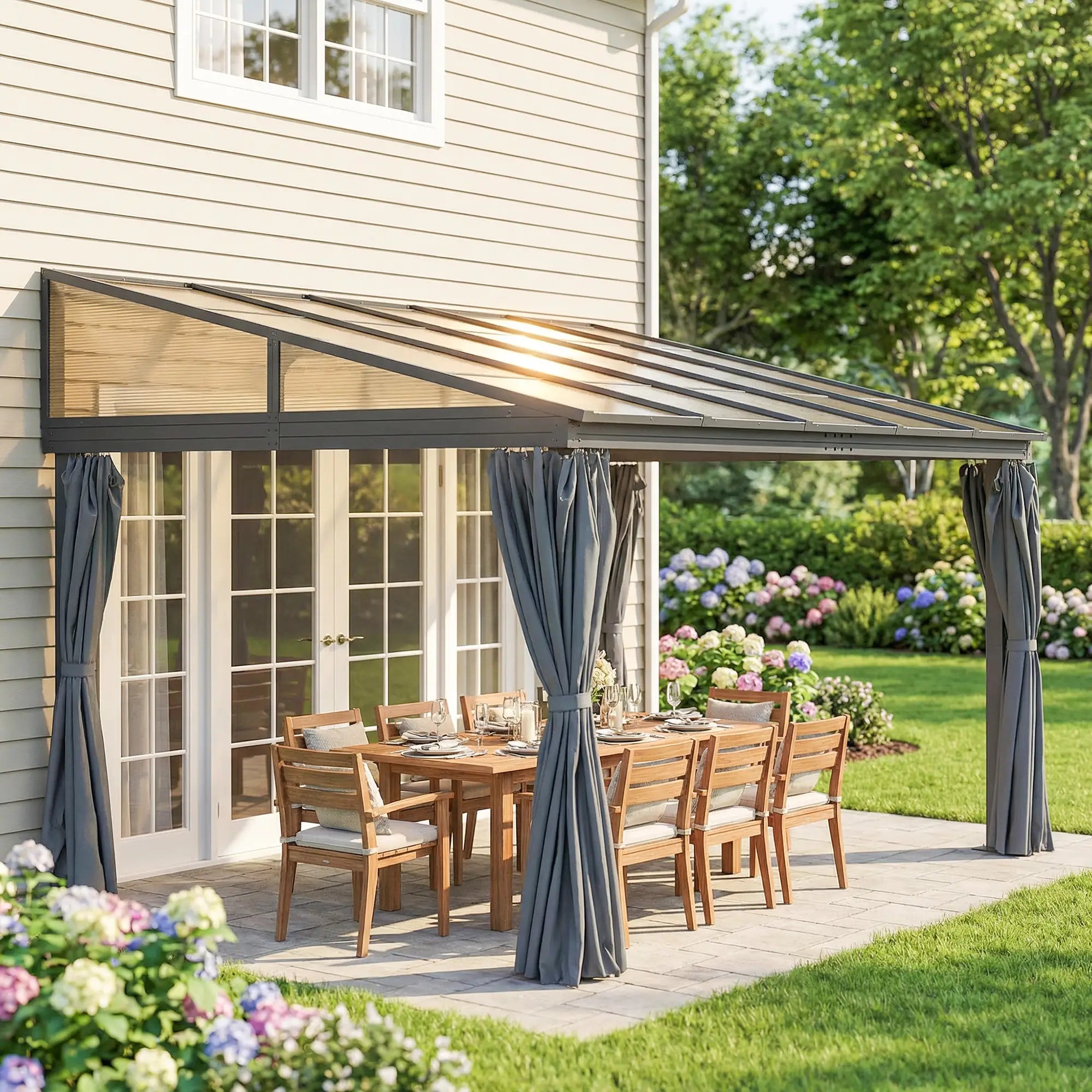 10' x 13' Hardtop Pergola, PC Roof Gazebo, Sun Shelter with Curtains Pergolas at Gallery Canada