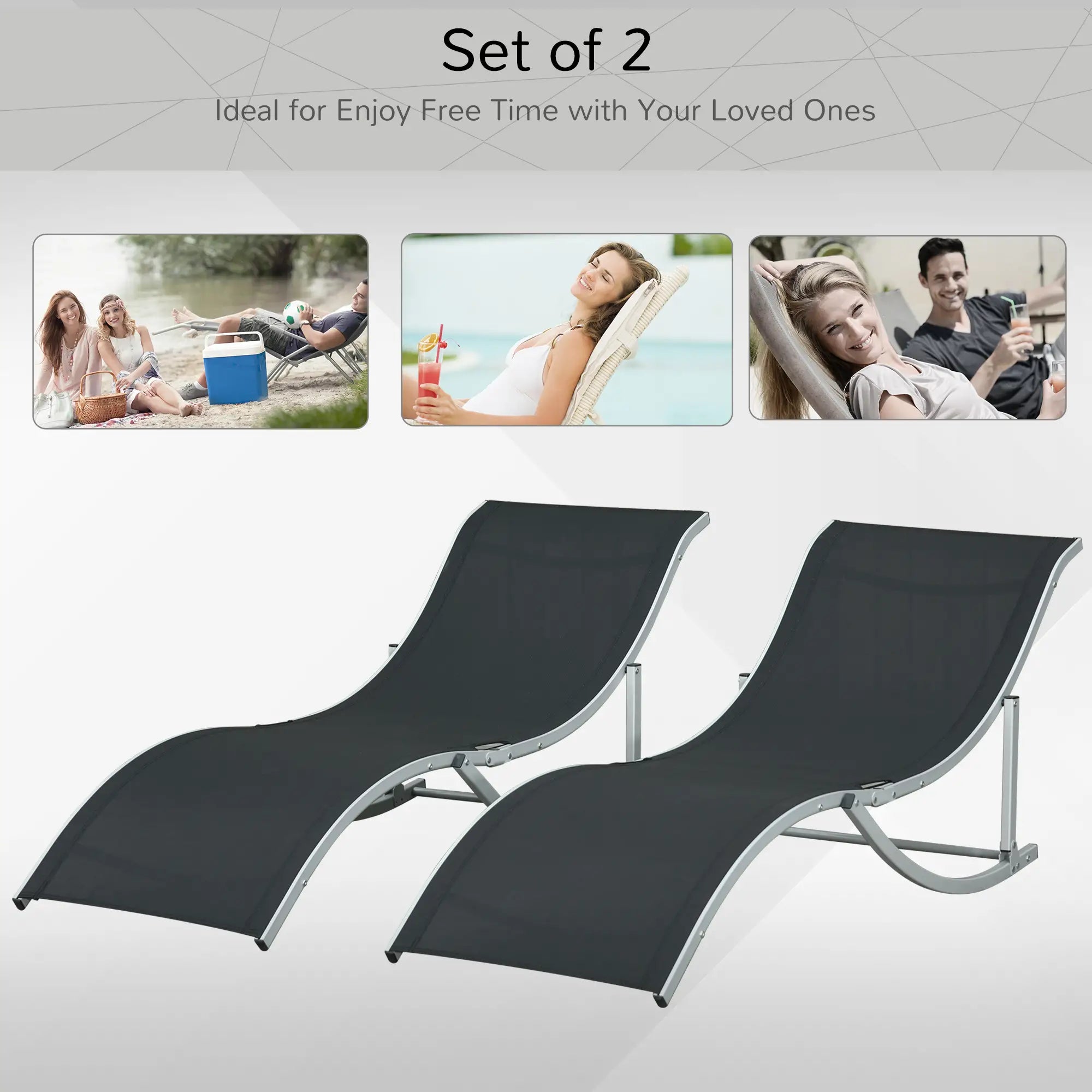 Foldable Pool Chaise Lounge Chairs Set of 2, 264lbs Capacity, Black Lounger Chairs at Gallery Canada