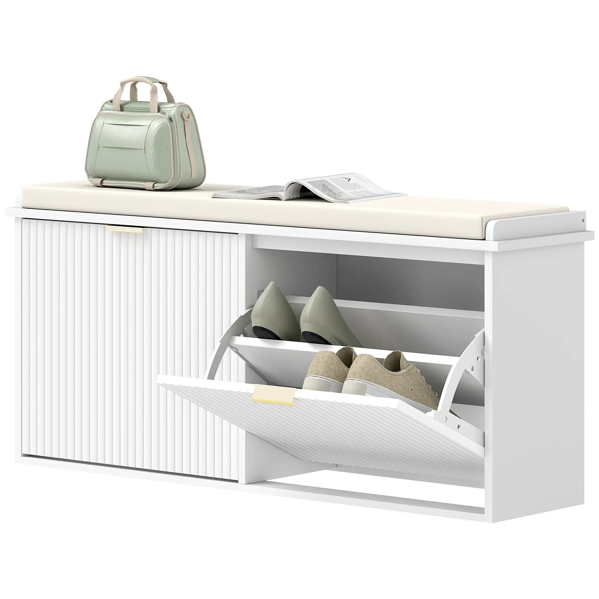 Entryway Bench with Padded Seat, Flip-Drawers, Holds 529lbs, White Shoe Storage Cabinets & Racks White, Beige at Gallery Canada