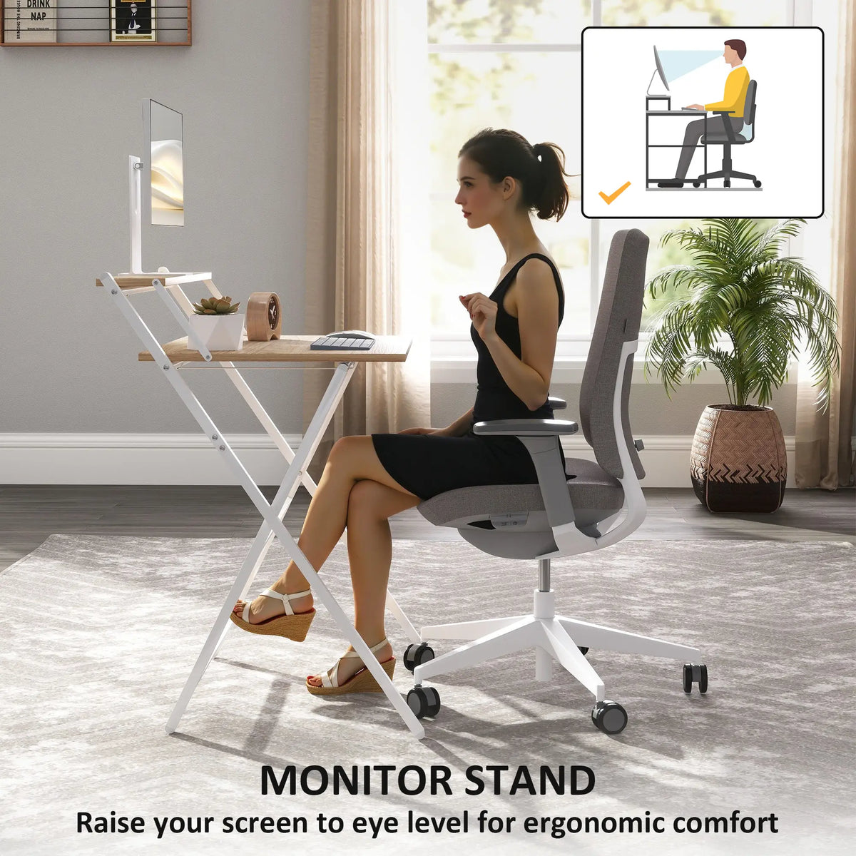 Folding Computer Desk, 27.6" Foldable Desk with Monitor Shelf, Natural Wood Writing Desks at Gallery Canada