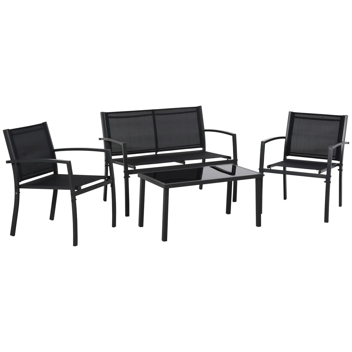 4-Piece Patio Set, Glass Top Coffee Table, Breathable Mesh, Black Patio Furniture Sets Black, Dark Grey at Gallery Canada