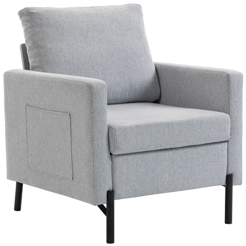 Modern Upholstered Armchair With Side Pockets, Cushion, Light Grey