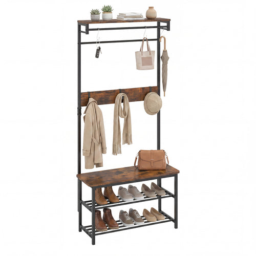 Coat Rack With Shoe Bench, 4-In-1 Hall Tree, Brown
