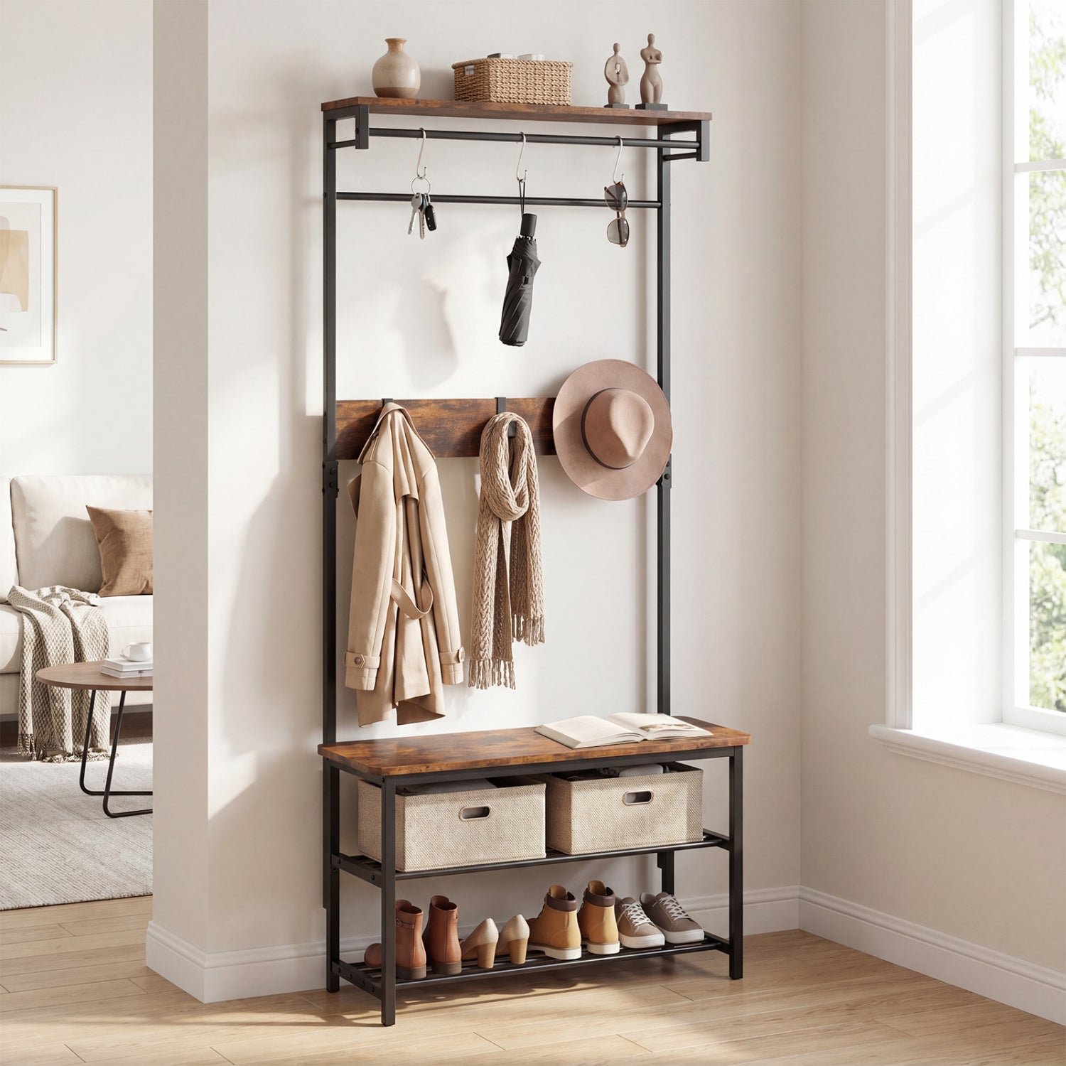 Coat Rack With Shoe Bench, 4-In-1 Hall Tree, Brown Coat Racks & Hall Trees at Gallery Canada