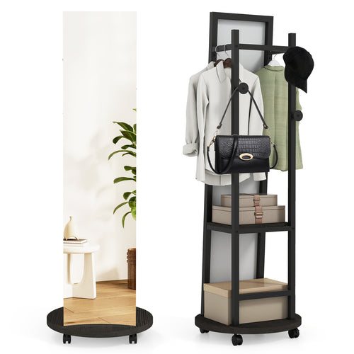 Coat Rack with Full Length Mirror Freestanding Coat Tree with 3 Hooks, Walnut