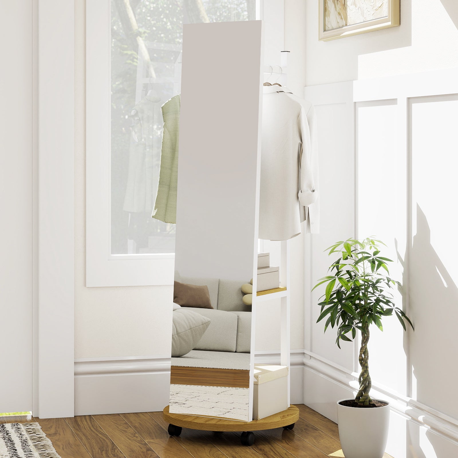 Coat Rack with Full Length Mirror Freestanding Coat Tree with 3 Hooks, Natural Coat Racks & Hall Trees at Gallery Canada