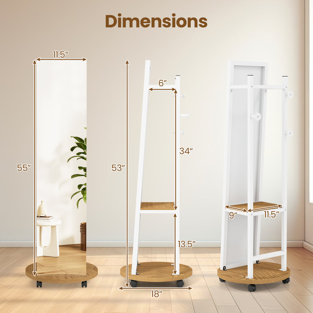 Coat Rack with Full Length Mirror Freestanding Coat Tree with 3 Hooks, Natural Coat Racks & Hall Trees at Gallery Canada