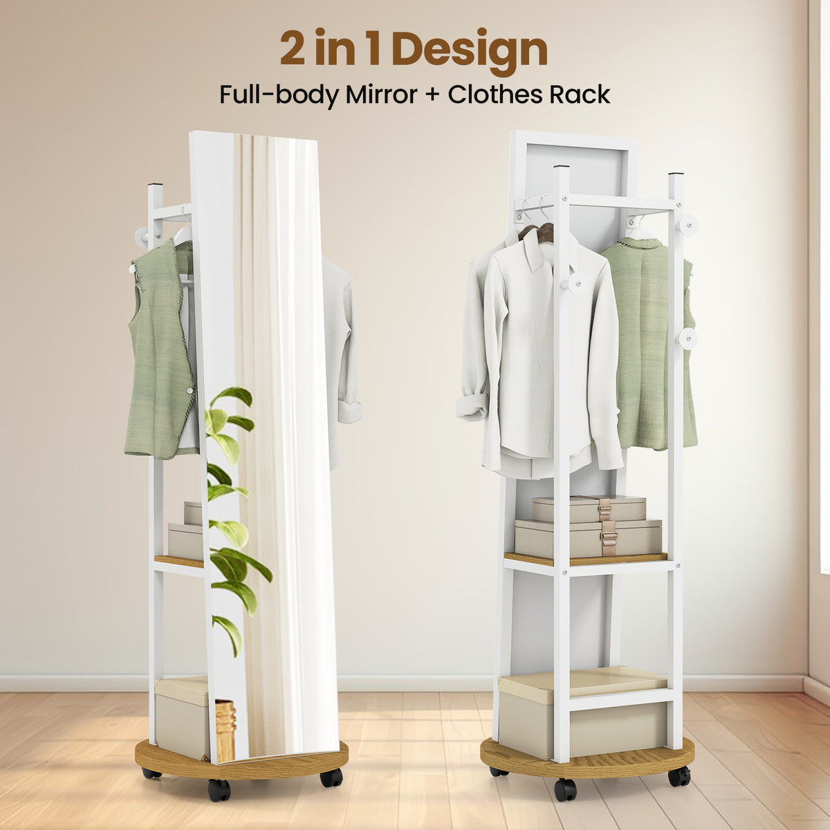 Coat Rack with Full Length Mirror Freestanding Coat Tree with 3 Hooks, Natural Coat Racks & Hall Trees at Gallery Canada