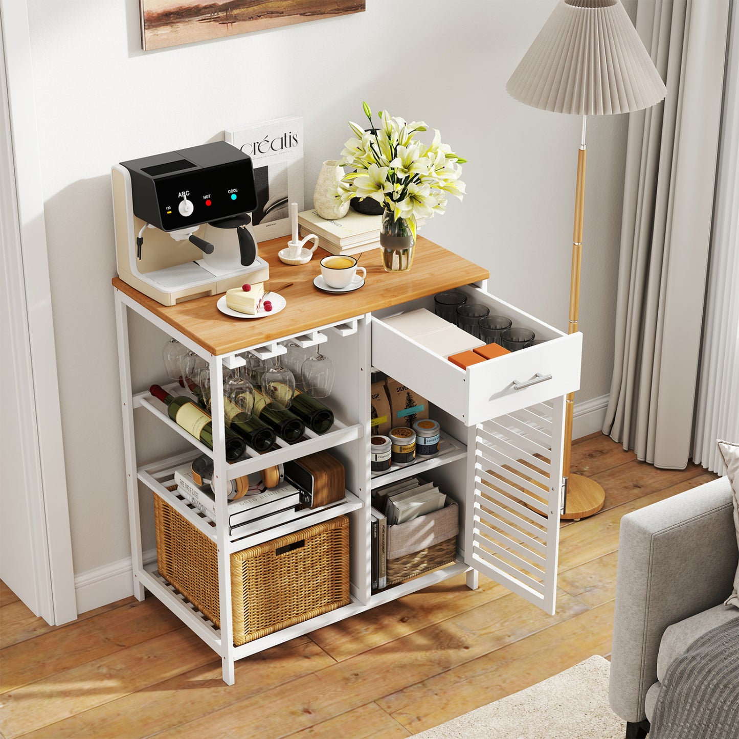 Meuble bar à café avec porte-verres, porte-bouteilles de vin, dessus en bambou