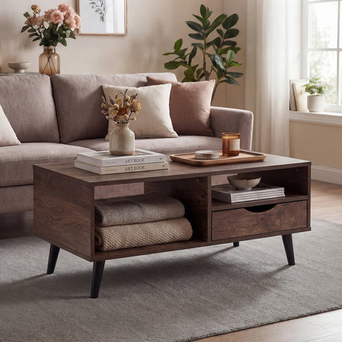 Rustic Walnut Coffee Table With Storage, Rectangle Center Table