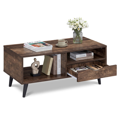 Rustic Walnut Coffee Table With Storage, Rectangle Center Table