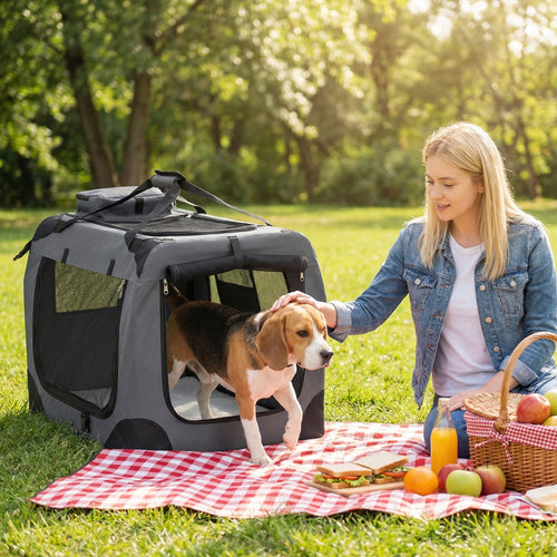 Collapsible Soft Dog Crate Travel Crate with Mesh Windows and 3 Doors-M, Gray