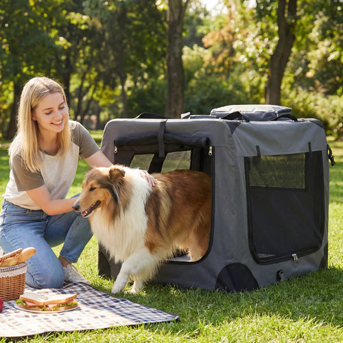 Collapsible Soft Dog Crate Travel Crate with Mesh Windows and 3 Doors-XL, Gray