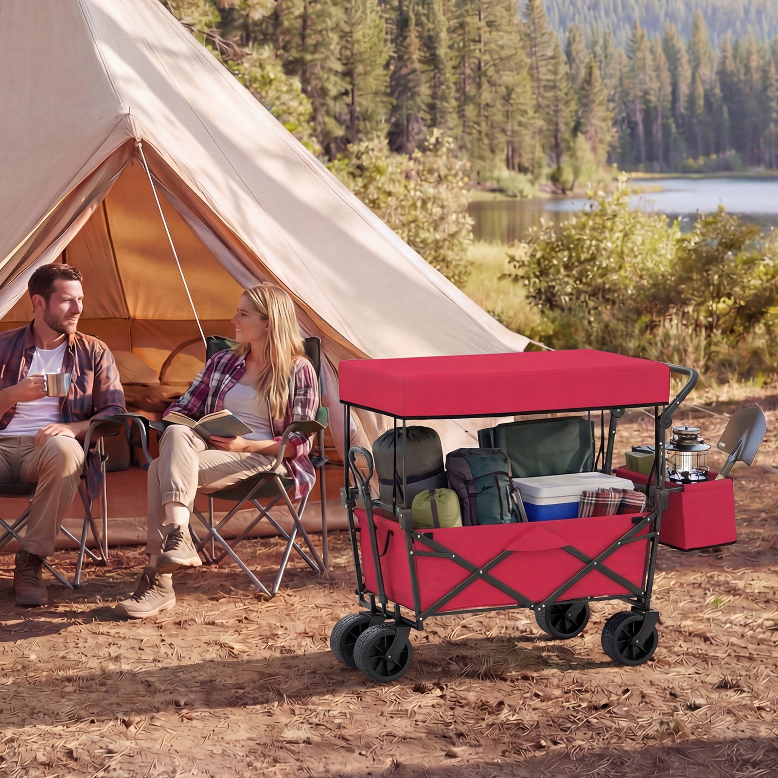 Collapsible Wagon, Removable Canopy, Detachable Storage Bag, Red Camping Furniture at Gallery Canada