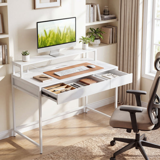 Compact Office Desk with Removable Monitor Shelf and Dual-use Drawer, White Computer Desks White at Gallery Canada