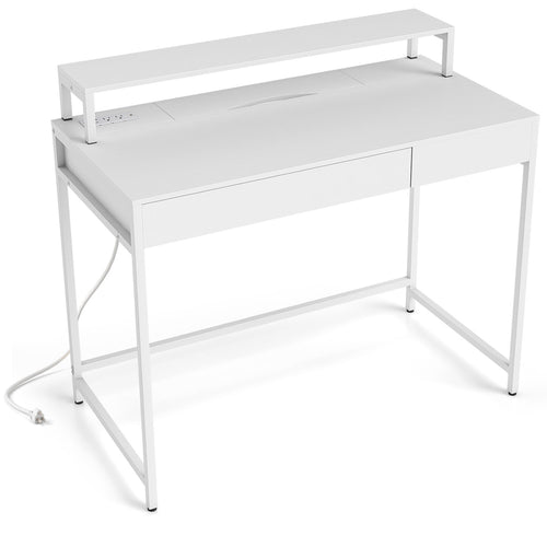 Compact Office Desk with Removable Monitor Shelf and Dual-use Drawer, White