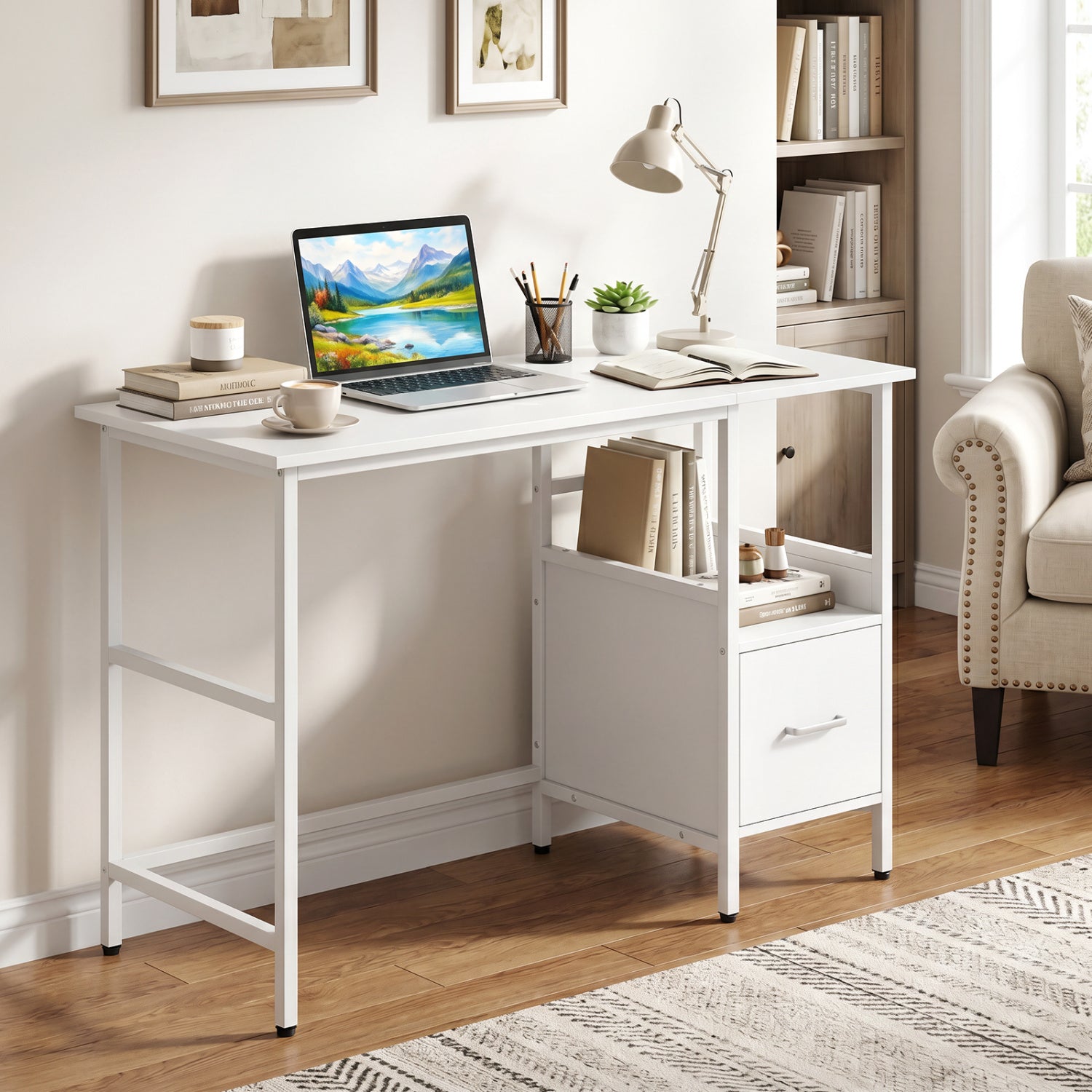 Computer Desk Modern Office Desk with Open Shelf and Storage Drawer, White Computer Desks at Gallery Canada