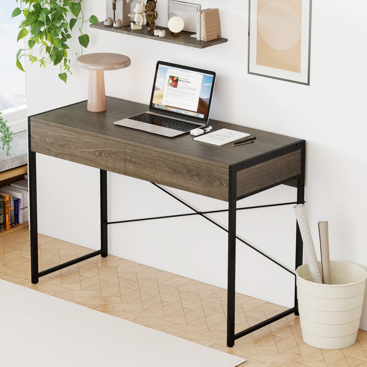 Computer Desk With 2 Drawers, 44 Inch, Oak, Metal Frame Computer Desks at Gallery Canada