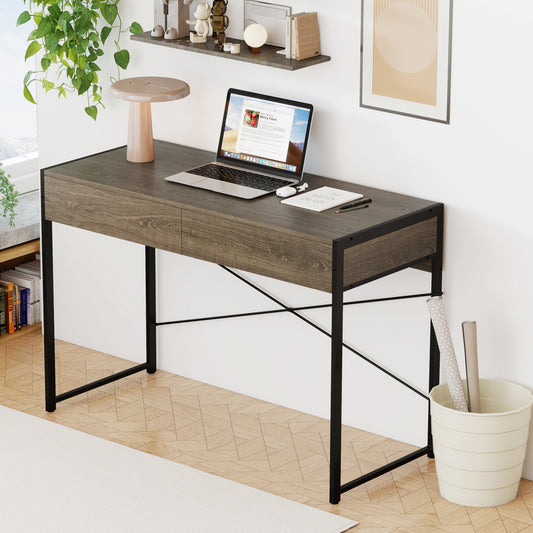 Computer Desk With 2 Drawers, 44 Inch, Oak, Metal Frame Computer Desks Oak at Gallery Canada