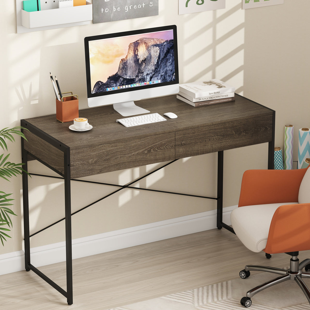 Computer Desk With 2 Drawers, 44 Inch, Oak, Metal Frame Computer Desks at Gallery Canada